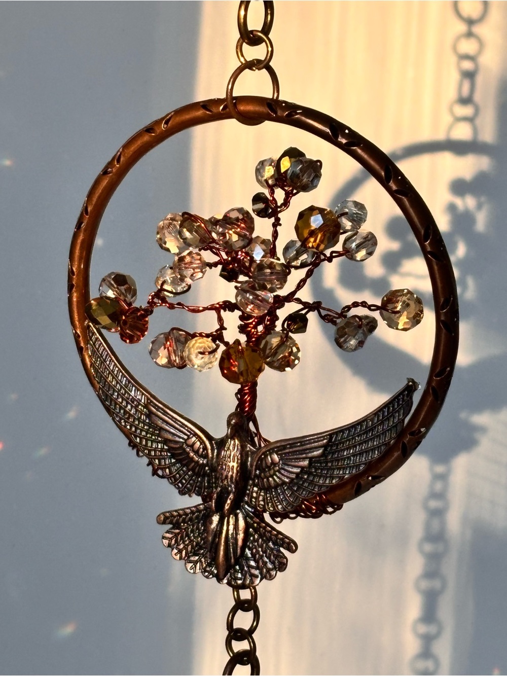 Handmade Copper Tree of Life & eagle Hanging Charm sun catcher with Crystal Drop
